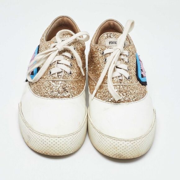 Miu Miu White/gold Leather And Glitter Low Top Sneakers Size 41